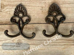 Set of 2 Crown Scroll Cast Iron Double Hook Towel Hat Coat Key Hooks