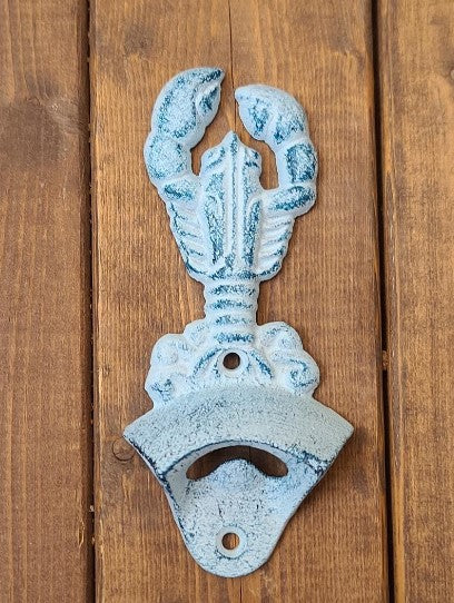 Blue Lobster Cast Iron White Washed Bottle Opener