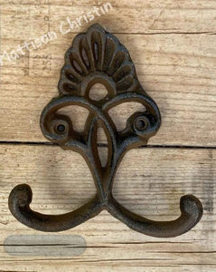 Set of 2 Crown Scroll Cast Iron Double Hook Towel Hat Coat Key Hooks