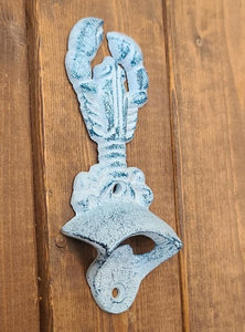 Blue Lobster Cast Iron White Washed Bottle Opener