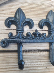 Black Fleur de Lis Cast Iron Coat Hat Key Towel Rack