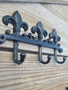 Black Fleur de Lis Cast Iron Coat Hat Key Towel Rack