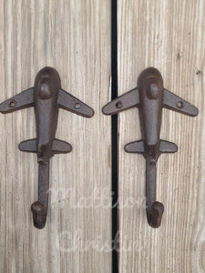 Jet Airplane Cast Iron Hook Key Towel Hat Coat Rack Set of 2