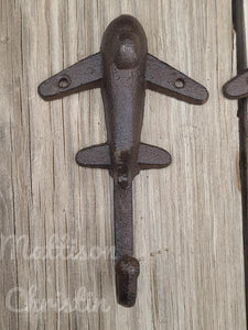 Jet Airplane Cast Iron Hook Key Towel Hat Coat Rack Set of 2