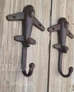 Jet Airplane Cast Iron Hook Key Towel Hat Coat Rack Set of 2