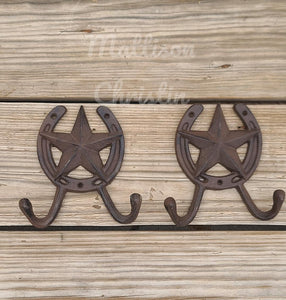 2 Large Cast Iron Texas Star Horseshoe Double Hook Towel Hat Coat Key Rack