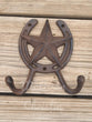 2 Large Cast Iron Texas Star Horseshoe Double Hook Towel Hat Coat Key Rack