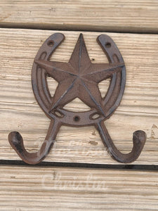 2 Large Cast Iron Texas Star Horseshoe Double Hook Towel Hat Coat Key Rack