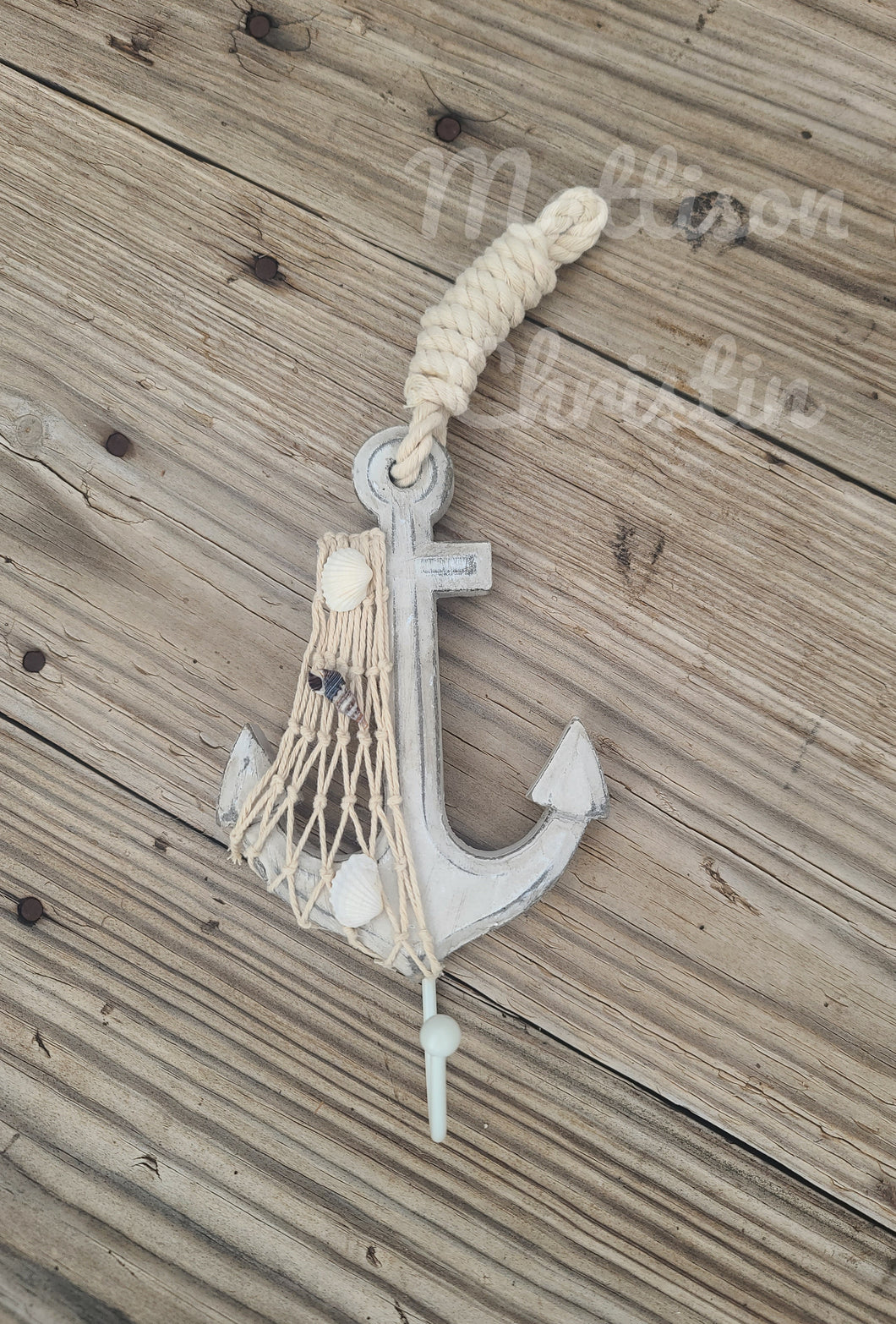 Wooden Whitewashed Decorative Anchor with Hook