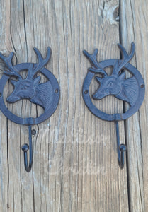 2 Cast Iron Deer Lodge Hunting Themed Coat Towel Hat Key Hook