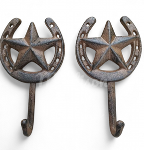 2 Cast Iron Horseshoe Star Coat Hat Towel Key Single Hook Rack