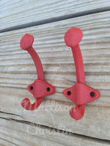 2 Red Cast Iron Coat Hat Towel Key Hook