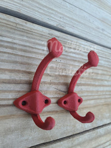 2 Red Cast Iron Coat Hat Towel Key Hook