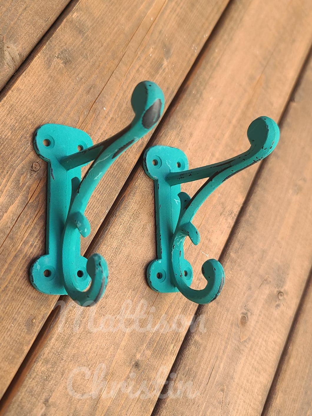 Teal Blue Cast Iron Coat Hat Key Towel Hook Set of 2