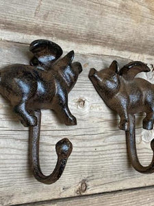 S/2 Cast Iron Flying Pig Coat Hat Key Towel Hook