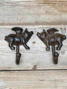 S/2 Cast Iron Flying Pig Coat Hat Key Towel Hook
