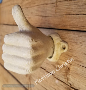 Wall Mounted Cast Iron Thumbs Up Hand Hook Antique White